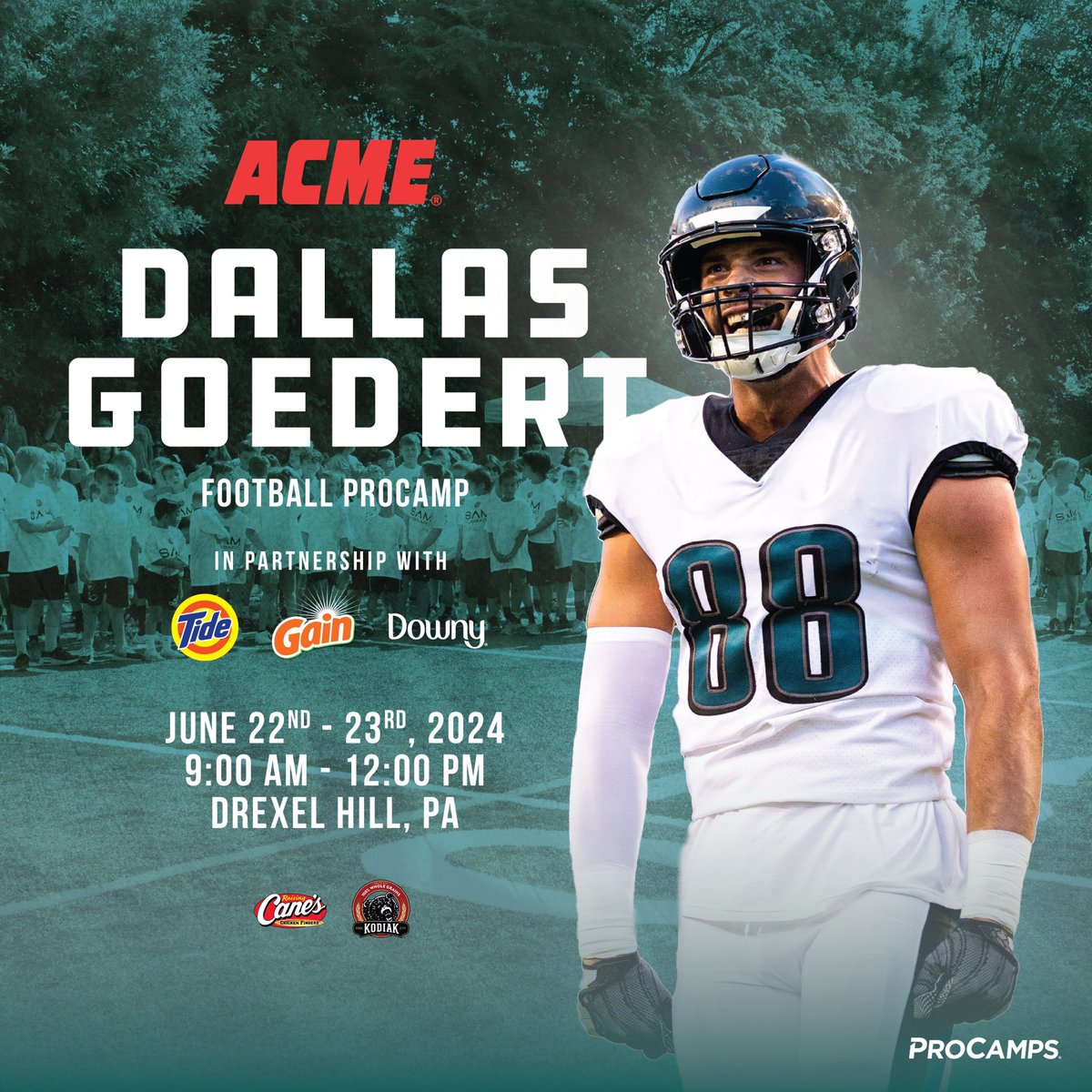 My <a href="/acmemarkets/">Acme Markets</a> Youth Football <a href="/ProCamps/">ProCamps</a> in partnership with @proctergamble is only a couple weeks away! 🏈  Camp is open to boys &amp; girls of all skill levels and abilities in grades 1-8
 
Visit DallasGoedertCamp.com to register!