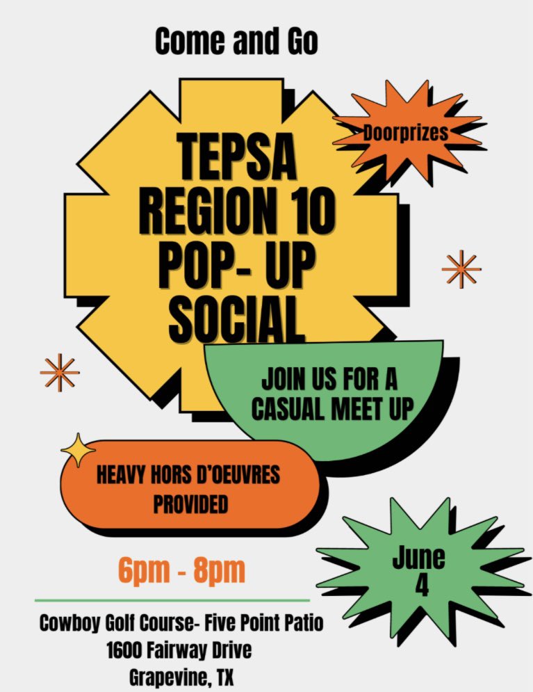 School is ALMOST out! 

Region 10 Friends - Mark your calendar for an end-of-year Pop-Up Social. It’s the perfect time to celebrate the end of the year and meet-up with fellow educational leaders. 

We’ll see you there! ☀️ #WeLeadTX <a href="/TEPSAtalk/">TEPSA</a>