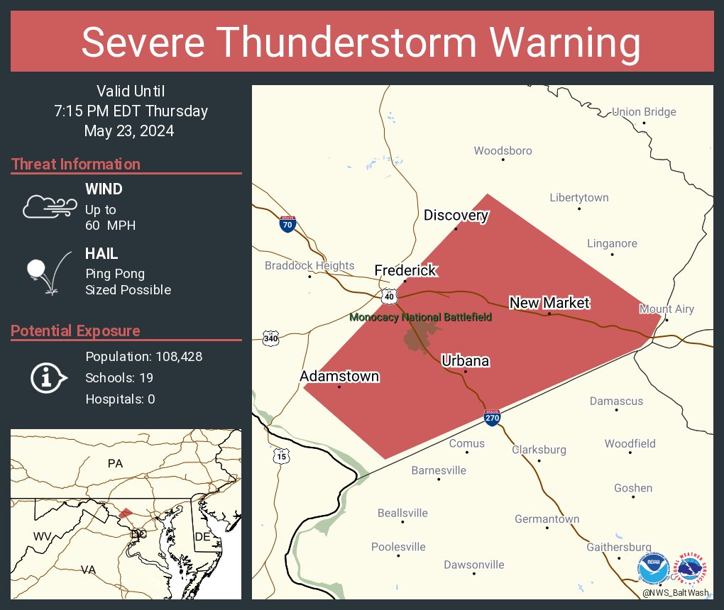 Severe Thunderstorm Warning including Frederick MD, Urbana MD and Adamstown MD until 7:15 PM EDT