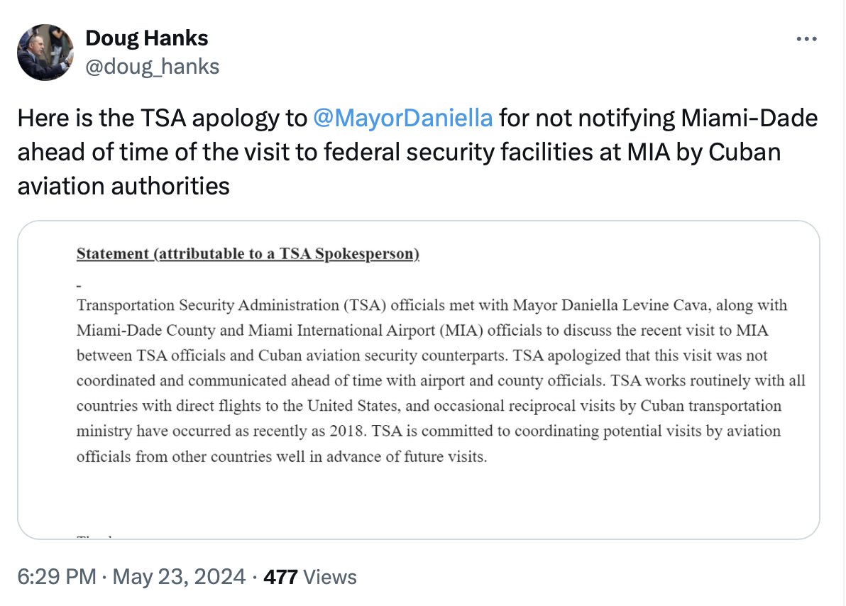 In 2018, while Trump was President and @RepCarlos was mayor, they decided it would be a good decision to grant agents of the Cuban regime access to @iflymia -- demonstrating zero regard for our safety & security.