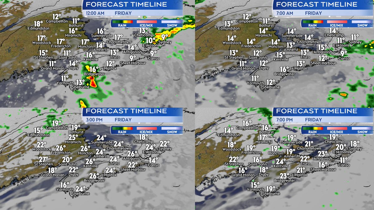 Previous Tornado watches/t-storm warnings in NB have ended. A chance of isolated thunderstorms for NB and PEI this evening. A chance of isolated thunderstorms for NS this evening and overnight. Mixed sun and cloud with isolated showers for Friday. Still very warm for late May.