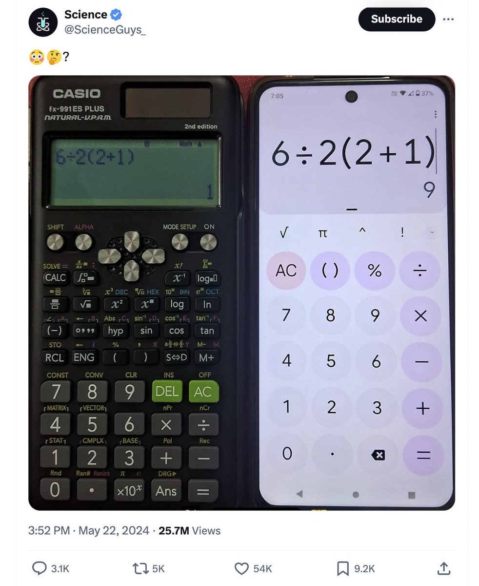 jonatanpallesen's tweet photo. Whenever I see a viral math tweet, I know that its an idiotic order-of-operations thing.

People are endlessly fascinated by order of operations.

In actual math, its not really relevant, because you would simply write your equations in a more natural way.