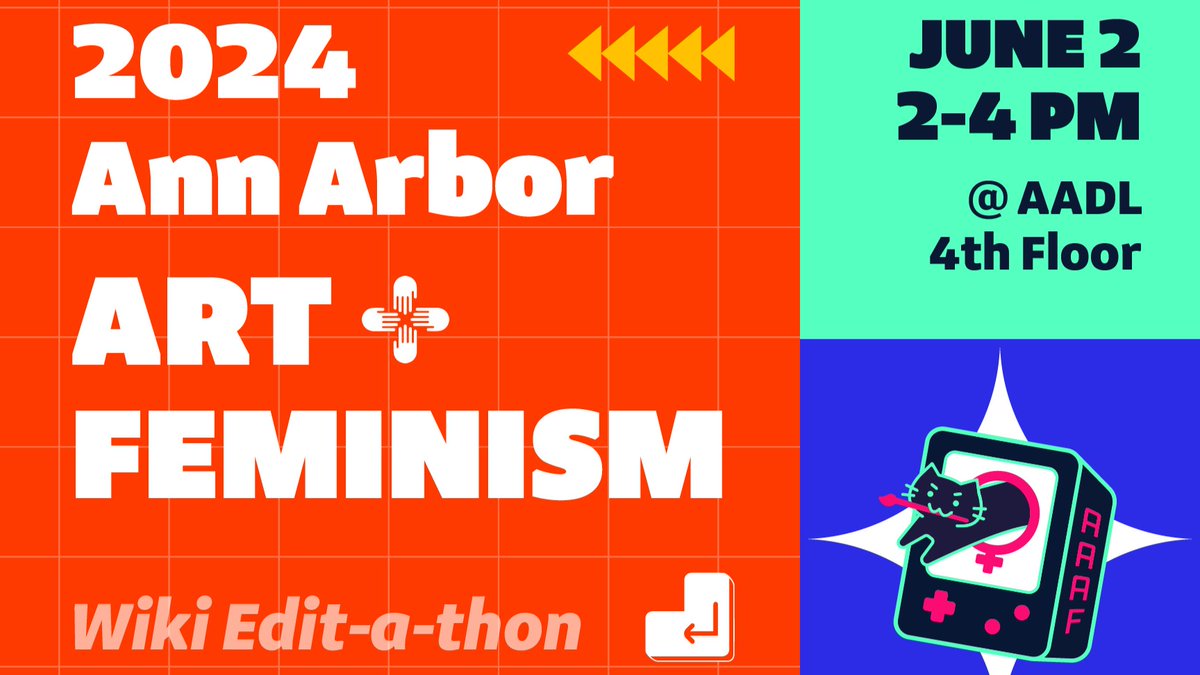 aadl's tweet photo. The 2024 Ann Arbor Art+Feminism Wiki Edit-a-thon is June 2 from 2-4 pm at the Downtown Library!

This free event in partnership with @UMichLibrary &amp; @umichLSA offers tutorials &amp; references for Wikipedia editors of gender, art, &amp; feminism-based entries.

➡️ https://t.co/YzrOGQ8ZaF https://t.co/smezwQU7tv