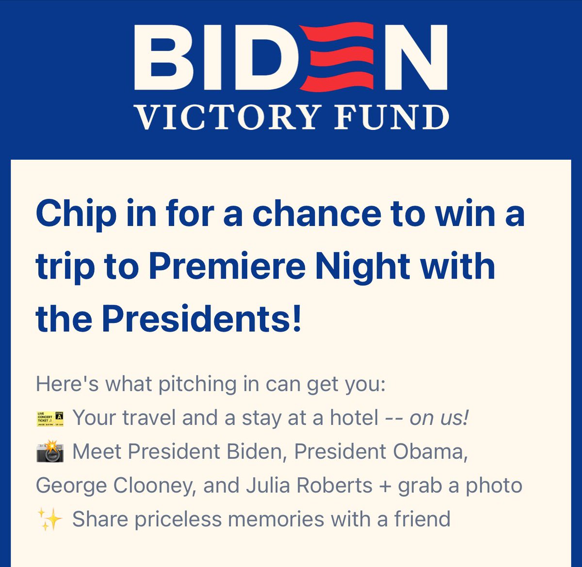 New Biden campaign contest offers supporters to meet Biden, Obama, George Clooney, and Julia Roberts.