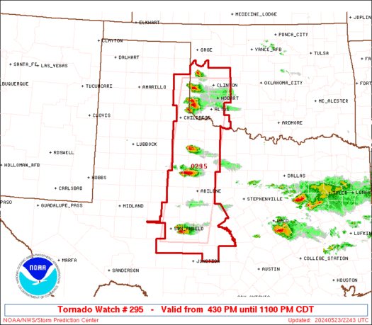 Texas/Oklahoma: new tornado watch until 11 PM. CT; elk city down to San Angelo are included.