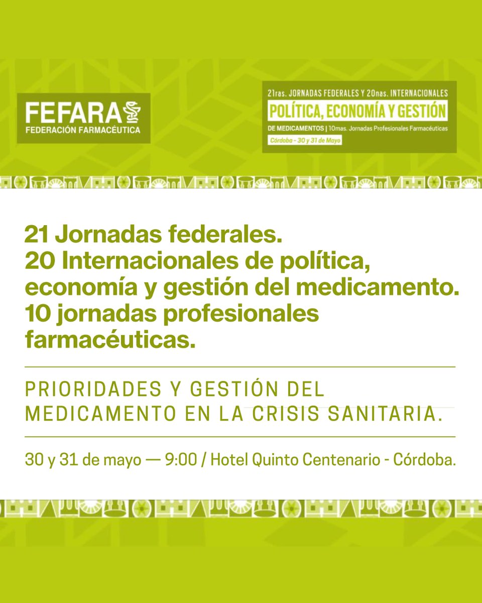 fcqoficial's tweet photo. 📝¡TOMÁ NOTA! ⚗️ Desde la Facultad de Ciencias Químicas te invitamos a participar de las jornadas: "Prioridades y Gestión del Medicamento en la Crisis Sanitaria", organizadas por la Federación Farmacéutica. Se trata de un espacio de actualización, aprendizaje y reflexión. 👩🏻‍🔬👇 https://t.co/57TxAxemjN