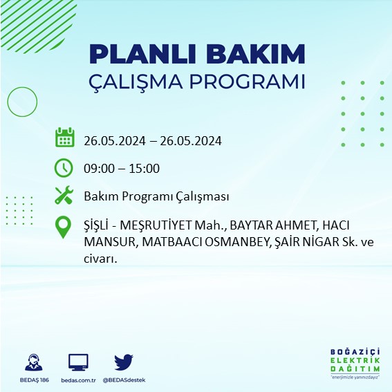 26.05.2024 tarihli Şişli ilçesi #planlıbakımçalışmaprogramı @sislibelediyesi