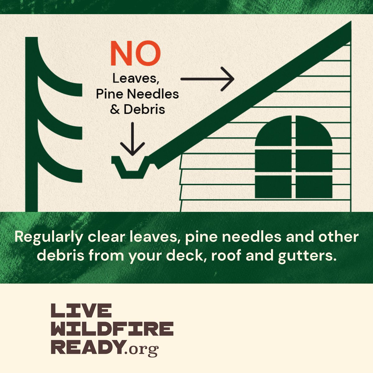 Clear leaves, pine needles and other debris from your deck, roof and gutters. Visit LiveWildireReady.org

#LiveWildfireReady | #RMRI