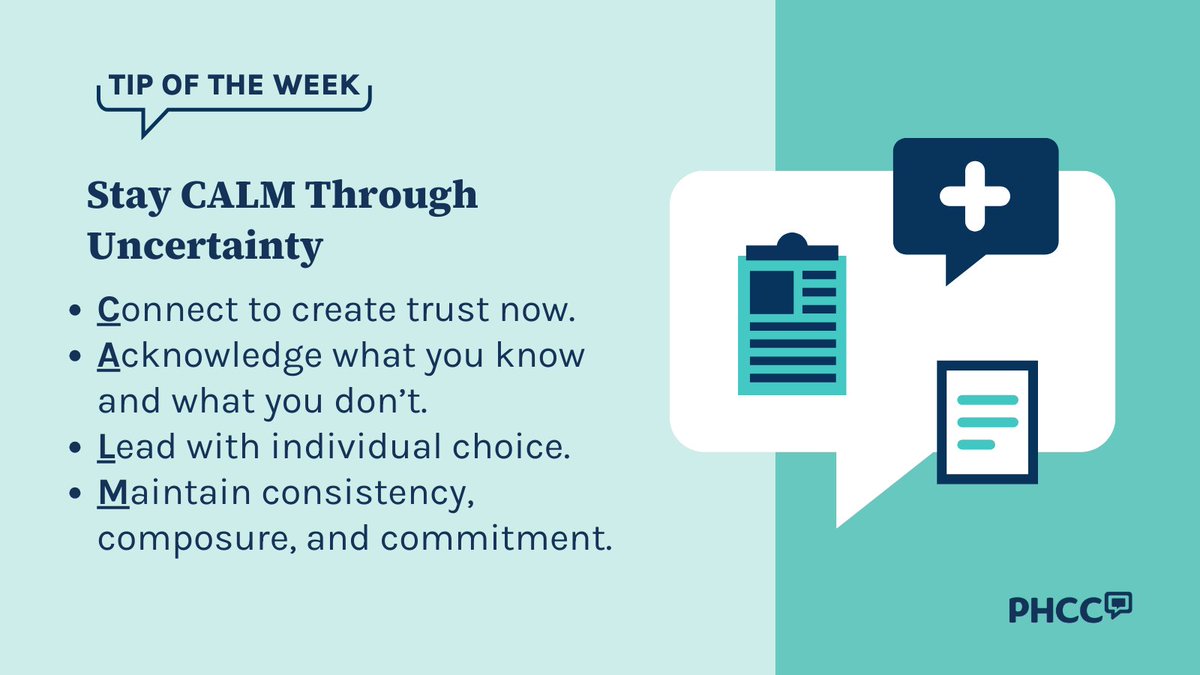 💭PHCC #TipOfTheWeek: Stay CALM when communicating in times of uncertainty. Download the full guide, 'The CALM Approach to Communicating in Times of Uncertainty,' for more details and additional resources: publichealthcollaborative.org/resources/the-…