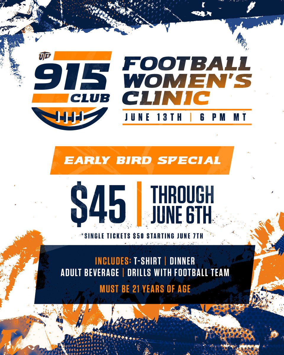 Just 3 weeks away from the inaugural 915 Club Women's Football Clinic! Women aged 21+, join @utepfb for a night of food, drinks, and drills! am.ticketmaster.com/utep/2024Women… #PicksUp