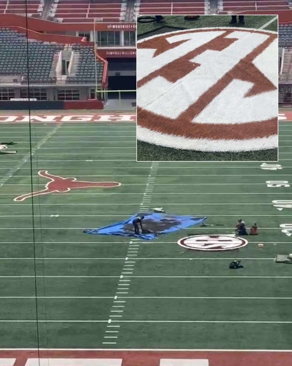 It’s happening! A peek at the @SEC logos being added to @TexasFootball’s field today 👀🤘