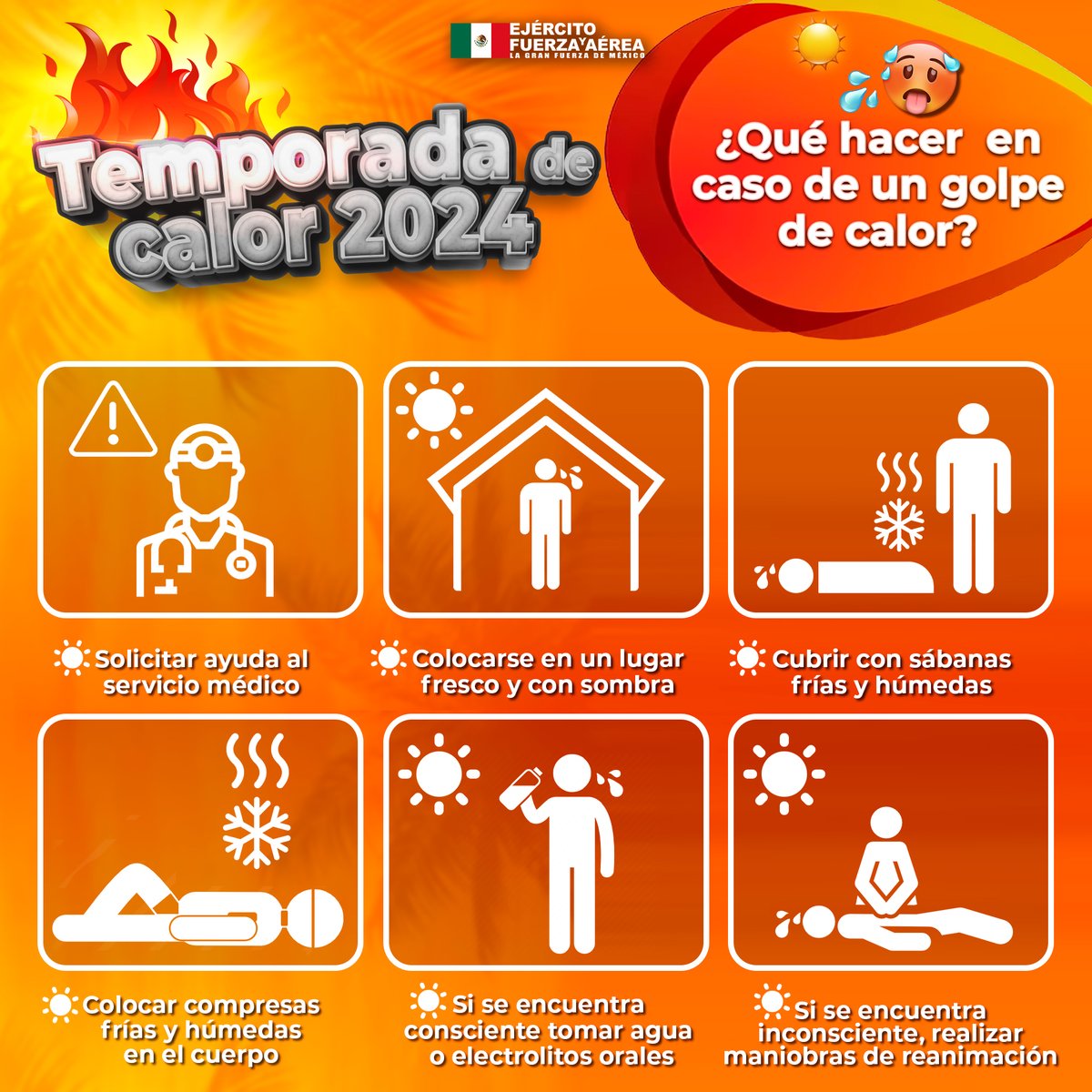 ¿Qué hacer en caso de un golpe de calor? Es importante que conozcas y apliques las medidas de primeros auxilios que se deben de identificar en una persona que lo ha sufrido: ¡Cuida tu salud! #UnidosSomosLaGranFuerzaDeMéxico.