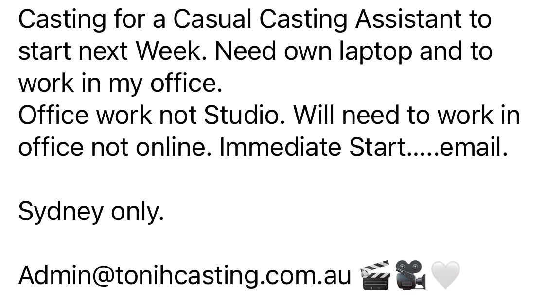 gigbooktv's tweet image. NSW: tonihcasting.com.au/contact/

#tonihigginbothamcasting #castingassistant #Junior #casual #ExperienceInProduction #casting #acting #OWNLAPTOP #workinoffice #artsbusiness #artsjob #BehindTheScenes #sydney #immediatestart #onestopshop #castandcrew #gigbook #joinforfree @ToniHCasting