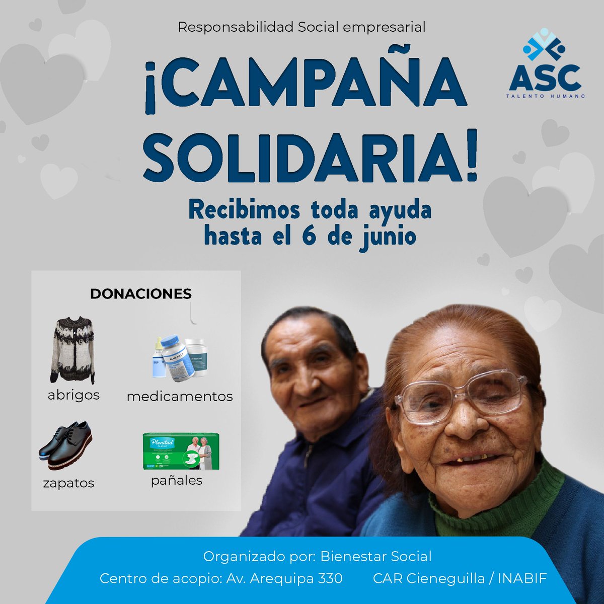 GRUPOASC_PERU's tweet photo. ¡GRAN CAMPAÑA SOLIDARIA!
Este 6 de Junio recibiremos todo tipo de donaciones para ser enviados al CAR Cieneguilla en apoyo a nuestros adultos mayores. Todo aporte en buen estado será recibido.

📌 Lugar: Av. Arequipa 330, Puerta 601, Cercado de Lima, Santa Beatriz. Grupo ASC https://t.co/K4JMRNeLlK