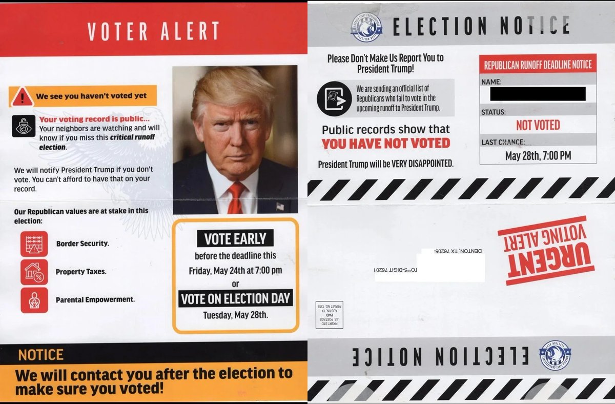 hoplitnet's tweet photo. Texas election mailer. Rather dystopian. 

"your neighbors are watching"

"can't afford to have that on your record" https://t.co/CihW1oSYIb