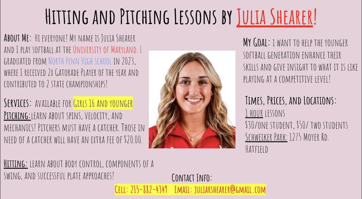 juliashearer_'s tweet photo. Hi everyone! I will be offering hitting and pitching lessons starting after Memorial Day! Contact me using the information below: https://t.co/c9SAbkscTv