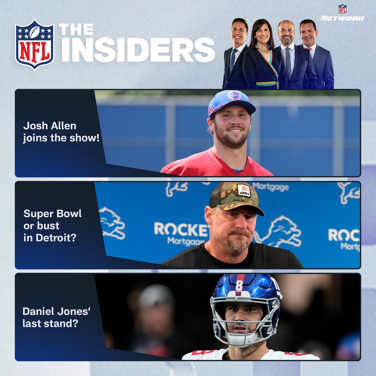 Special guest @JoshAllenQB makes his debut tonight on The Insiders, which kicks off LIVE NOW on @nflnetwork and NFL+ with me, @RapSheet, @MikeGarafolo and @judybattista, plus @BridgetCondon_, @CameronWolfe, more. 📺📱💻 NFL.com/Plus