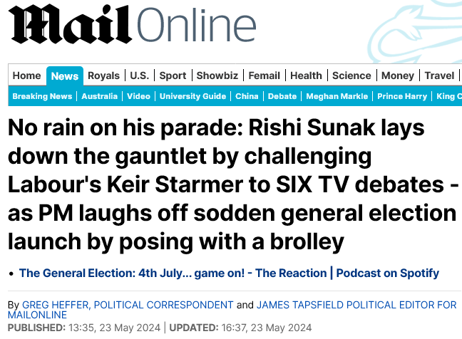 Took TWO Mail churnalists to come up with this guff! Meanwhile, Starmer's already rejected the desperate Tory bid for 6 debates (he'll have the standard 2 as in previous elections). And we all watched Sunak ruin a £10,000 suit live on TV, his face grim enough to split rock.