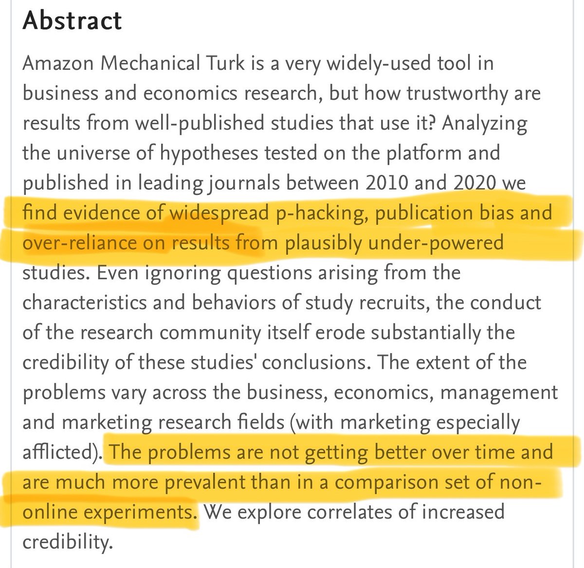 Mechanical Turk greatly lowered the costs of running experiments. Instead of generating new knowledge, researchers used it to publish false positives. So depressing and embarrassing.