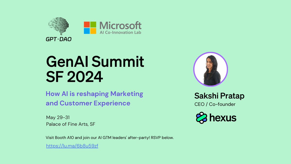 Our CEO <a href="/Sakshi_0123/">Sakshi</a>  is speaking at the #GenAISummit on "How AI is reshaping Marketing and CX" alongside #GenAI leaders!

Hexus is revolutionizing customer experiences with AI-powered personalization.

Visit us at Booth A10 from May 29-31 to learn how we can 10x your customer