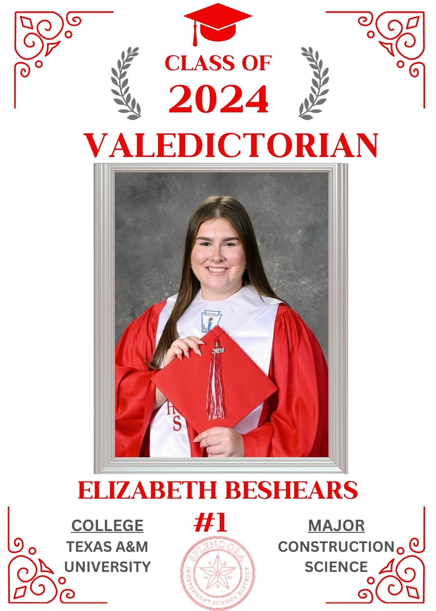 We congratulate each student in the top 10 percent of the Class of 2024 and are very proud of their academic accomplishments. Congratulations to Elizabeth Beshears, the Class of 2024 Valedictorian!