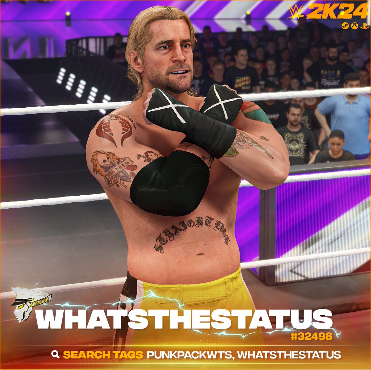 NEW! #WWE2K24 Upload To Community Creations! ★ CM Punk (ROH) (InGame Edit) ★ Search Tag → PUNKPACKWTS or WhatsTheStatus ★ Collaboration → @hamptonhunter97 ★ Support Me → linktr.ee/WhatsTheStatus ★ INCLUDES ● Custom Portrait ● New Hair ● New Beard ● Fixed Tattoos ●