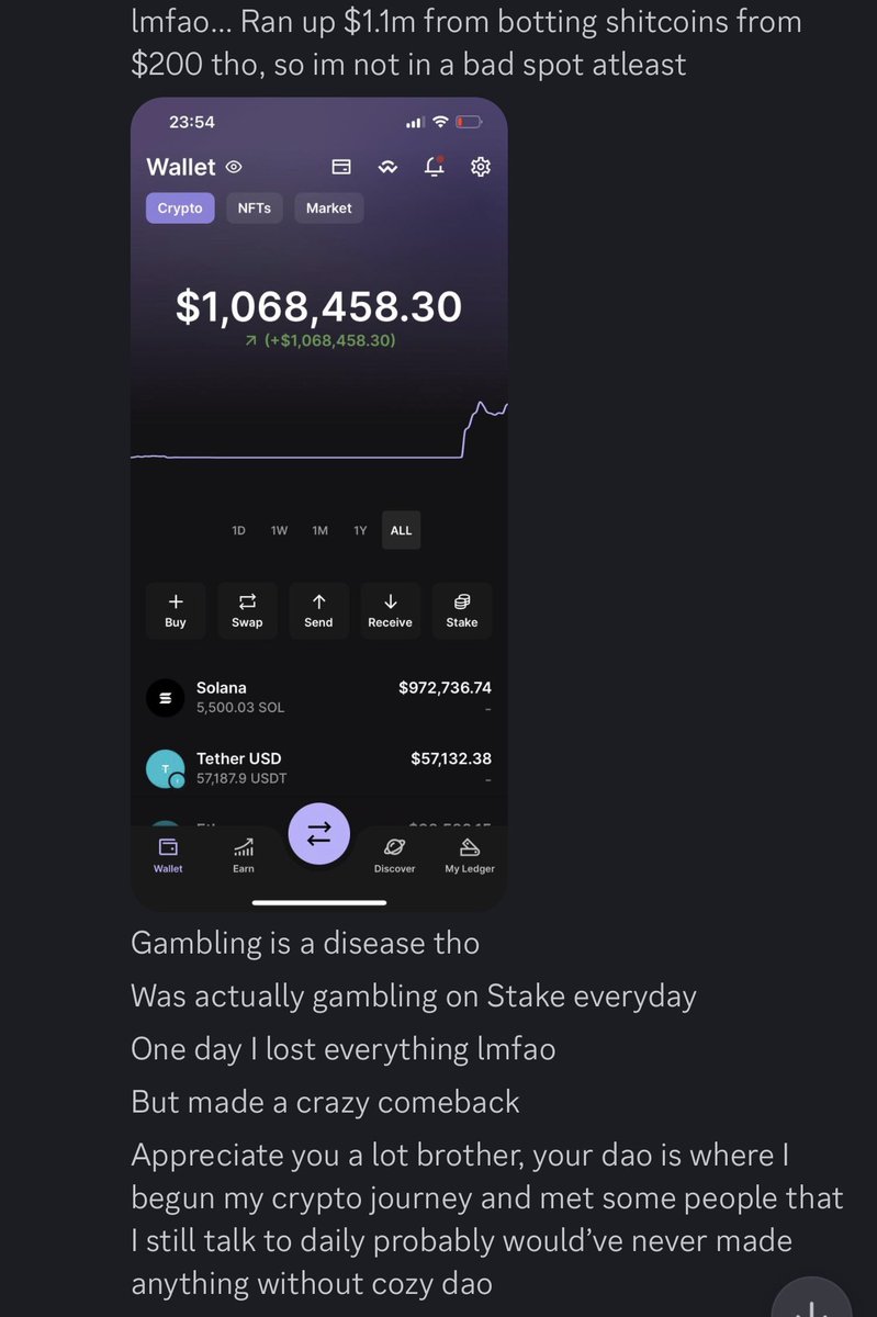 Sometimes you change people’s lives and you don’t even know My DAO used to be known for having 90% of the chat being teenagers spamming weird toxic shit They learnt a couple things with me and went their ways and eventually some became millionaires You love to see it