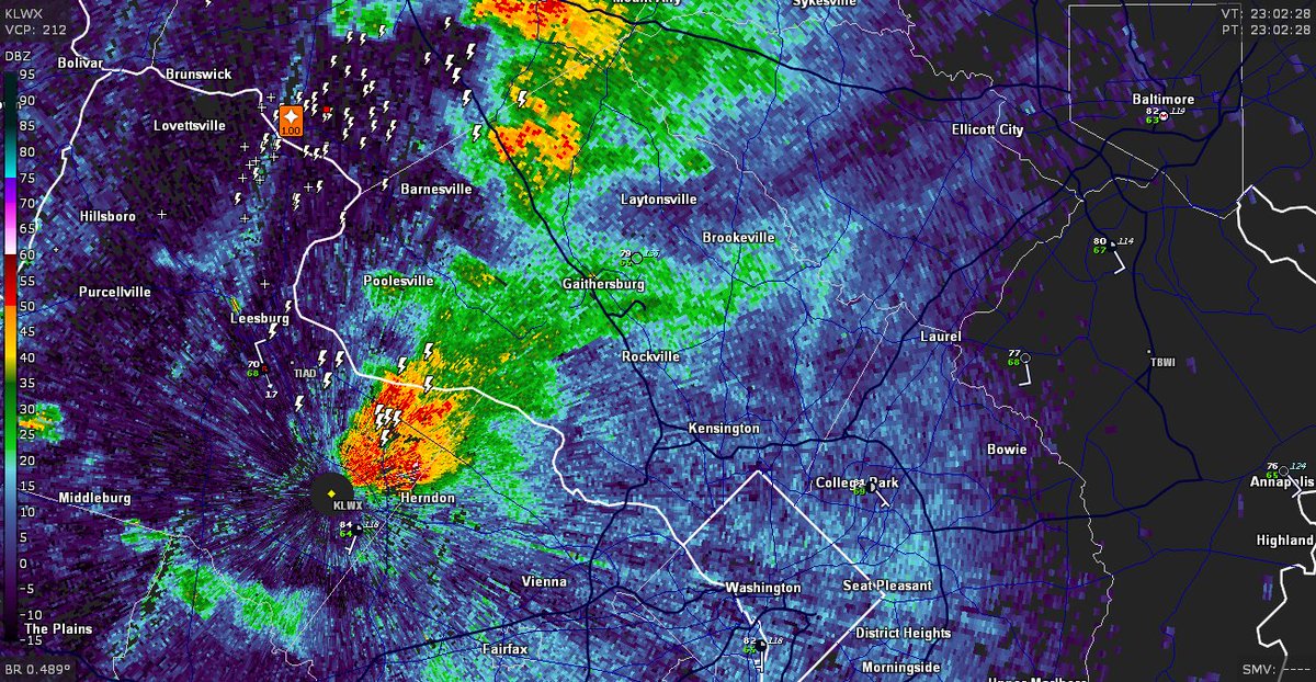 7:04 pm: Previously severe warned storm in Frederick County has weakened but another around Sterling is blossoming. It's tracking parallel to the Potomac about to enter Fairfax County.