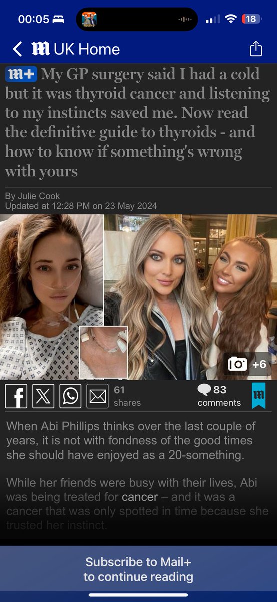 Anyone hoping to understand how to spot thyroid cancer, don’t bother with <a href="/DailyMailUK/">Mail+</a> as they’ve decided that helpful information is worthy of putting behind a paywall. Gee thanks.