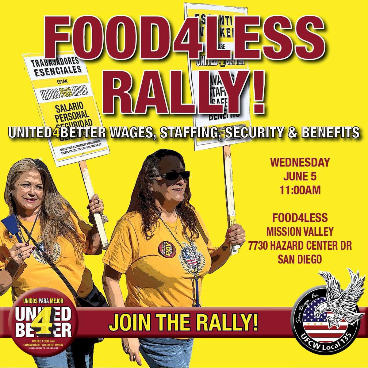 Join us for a rally at Food4Less in Mission Valley on June 5 at 11am!

With the Food4Less contract expiring on June 8, we will be holding this action to help highlight our fight for a new one.

Show your solidarity by standing #United4Better wages, staffing, security & benefits!