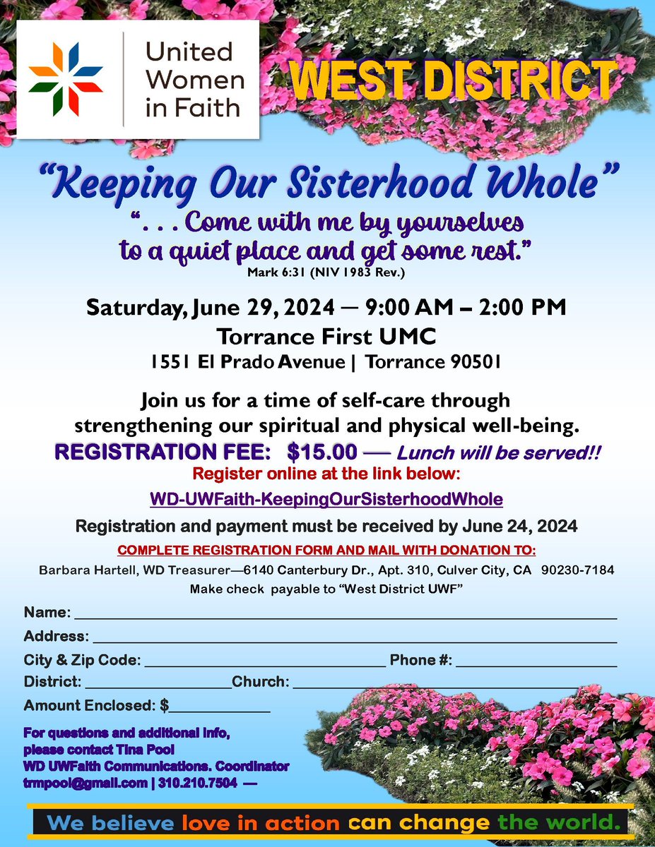West District United Women in Faith Self-Care Event: Keeping Our Sisterhood Whole | Saturday, June 29, 2024, 9 AM - 2 PM PDT | Torrance First UMC (1551 El Prado Avenue, Torrance CA 90501-3208) | $15 including lunch | Register & pay by June 24 buff.ly/3wLGwZq