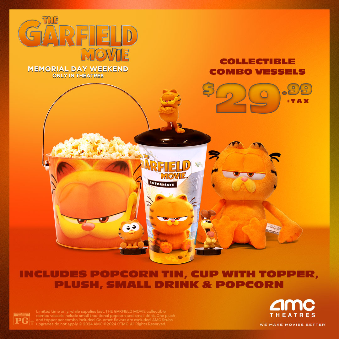 Purr-fect your small 🍿 &🥤 with a commemorative tin, a collectible cup with topper, and a plush when you see #TheGarfieldMovie! On sale NOW, while supplies last. 🎟 : amc.film/3yvHhGt