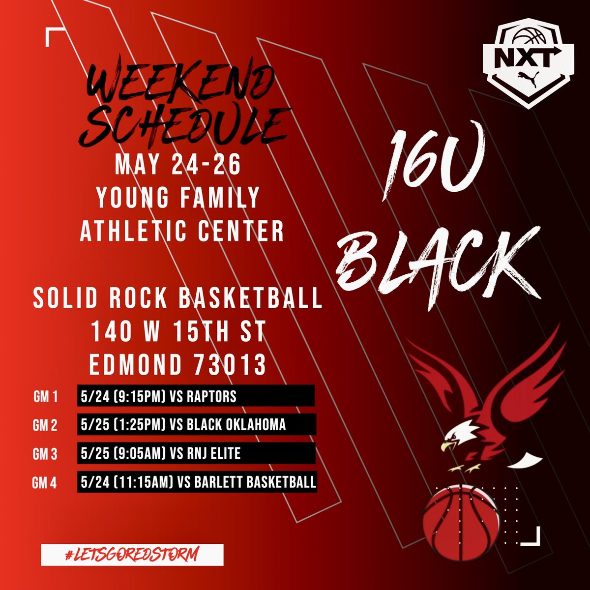 17u Red and 16u black heading back to OKC for session 9 of @PRO16League @NXTPROHoopsSW let’s go boys!! @Coachwwarren @just_coachsmall @JohnRed44092805 @PUMAHoops 🦅🔴⛈️ #recruitredstorm 📸: @vypealex