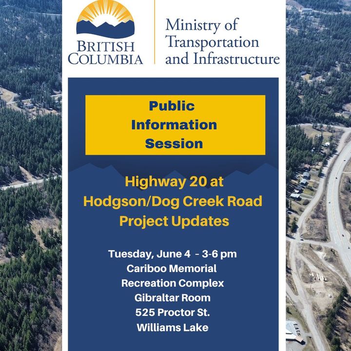 Ministry, @CityWL and @CaribooRD staff will provide updates and answer questions  at June 4 info session in #WilliamsLake, about ongoing work at the Hodgson Slide and the Dog Creek Slide at #BCHwy20.

Materials online June 4:
www2.gov.bc.ca/gov/content/tr…