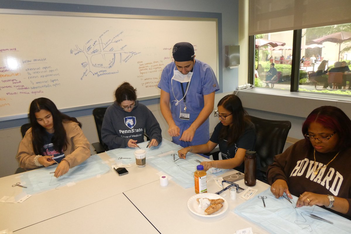 Excellent turnout of 1st year medical students today for a basic suturing class sponsored by the Urology Interest Group - thanks to our residents <a href="/PSH_Urology/">Penn State Urology</a> for taking the time to teach:  PGY5 <a href="/urodrmike/">Mike Mawhorter, MD</a>, PGY3 <a href="/SurajPursnani/">Suraj Pursnani, MD</a>, PGY5 <a href="/AhmadAlZubeidi/">Ahmad AlZubaidi</a>, and PGY1 <a href="/SSekoulopoulos/">Stephen Sekoulopoulos, MD</a>