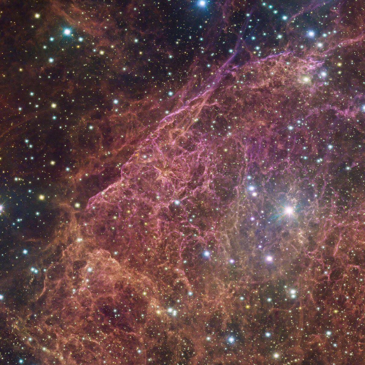 A beautiful spectacle in Vela constellation The filaments and clouds are remnants of a supernova explosion 11,000 years ago Despite being 800 light-years away, it's among the nearest remnants to us (Credit: ESO/VPHAS+ team. Acknowledgement: Cambridge Astronomical Survey Unit)