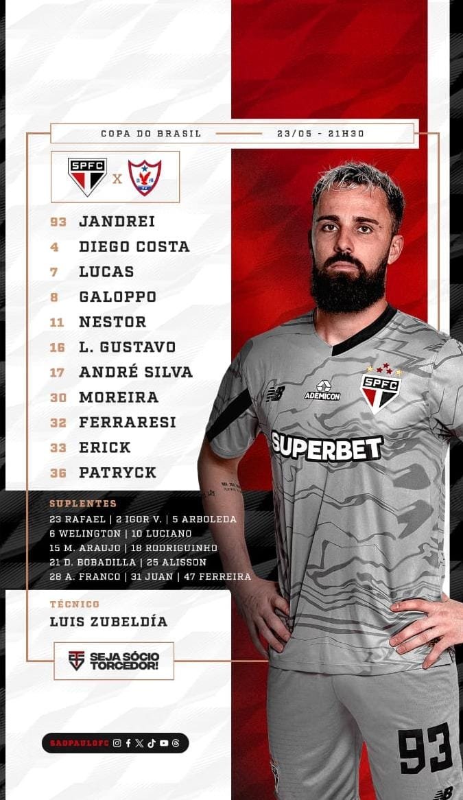 O São Paulo está escalado para o duelo contra o Águia de Marabá.

Tricolor vem com um time misto para a partida:

🥅 Jandrei
🔒 Moreira, Diego Costa, Ferraresi e Patryck
🦶🏼 Luiz Gustavo, Galoppo e Nestor
🔥 Erick, André Silva e Lucas