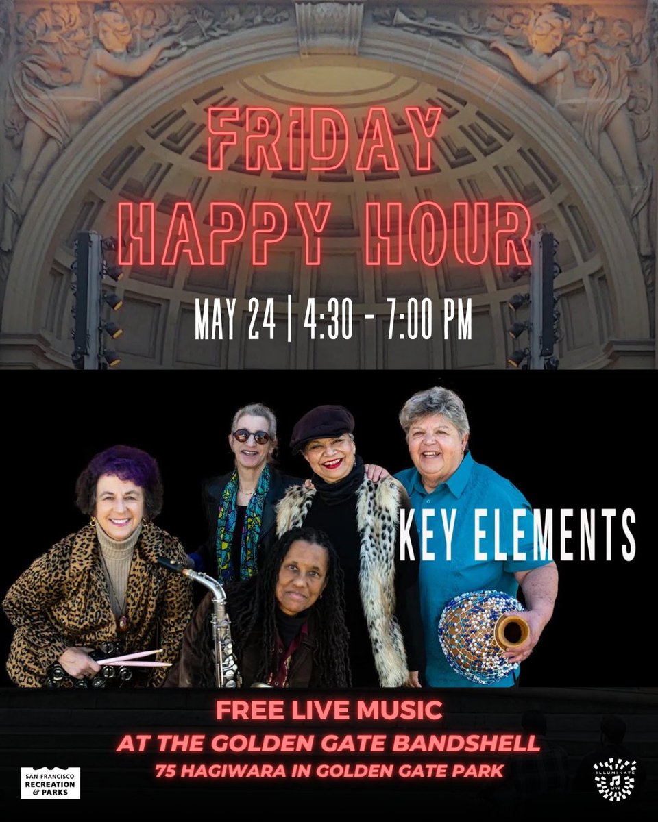 The Golden Gate Bandshell is back at it tomorrow, Friday 5/24 from 4:30-7 with a Friday Happy Hour show featuring: Key Elements Latin Jazz Ensemble The show is free, all ages, and all are welcome to enjoy live music in the beauty of Golden Gate Park. @recparksf