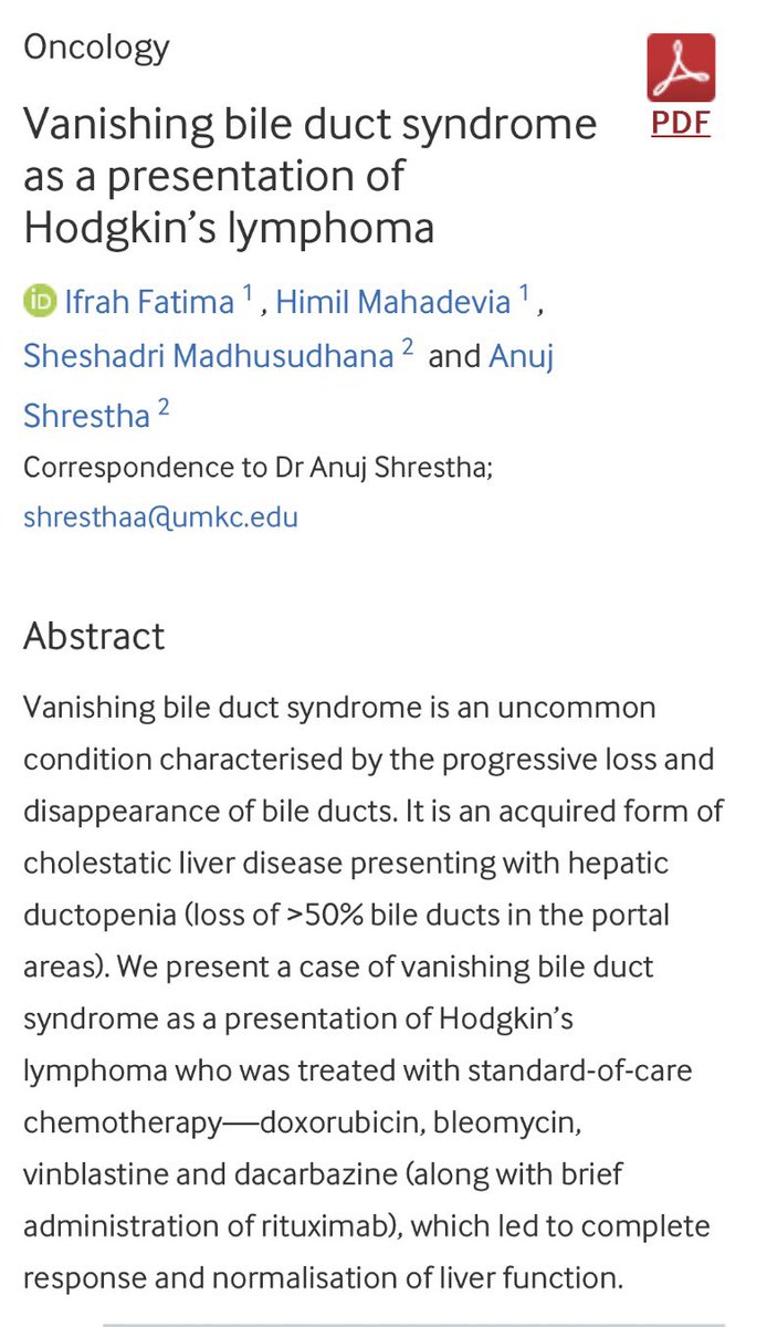 Ifrah Fatima (@ifrahfatima) on Twitter photo Hepatology 🔁 Oncology
Rare presentation of #Hodgkin lymphoma as vanishing bile duct syndrome 🪄
Great work by <a href="/Meddoc77/">Himil Mahadevia, MBBS</a> and immensely grateful for <a href="/anuj_shrestha11/">Anuj Shrestha, MD, FACP</a>’s mentorship
casereports.bmj.com/content/17/5/e… Hepatology 🔁 Oncology
Rare presentation of #Hodgkin lymphoma as vanishing bile duct syndrome 🪄
Great work by <a href="/Meddoc77/">Himil Mahadevia, MBBS</a> and immensely grateful for <a href="/anuj_shrestha11/">Anuj Shrestha, MD, FACP</a>’s mentorship
casereports.bmj.com/content/17/5/e…