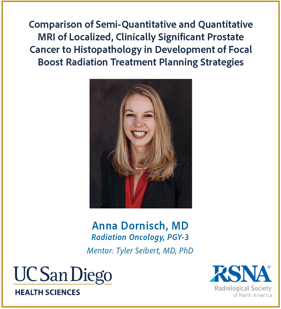 UCSD Radiation Oncology resident, Dr. Anna Dornisch <a href="/adornisch_MD/">Anna Dornisch</a>,  had her grant selected for funding by <a href="/RSNA/">RSNA</a> with mentorship from Dr. Tyler Seibert <a href="/TylerSbrt/">Tyler Seibert MD PhD</a>. Congratulations Dr. Dornisch! 

<a href="/UCSDHealth/">UC San Diego Health</a> <a href="/UCSDCancer/">UC San Diego Health Moores Cancer Center</a>