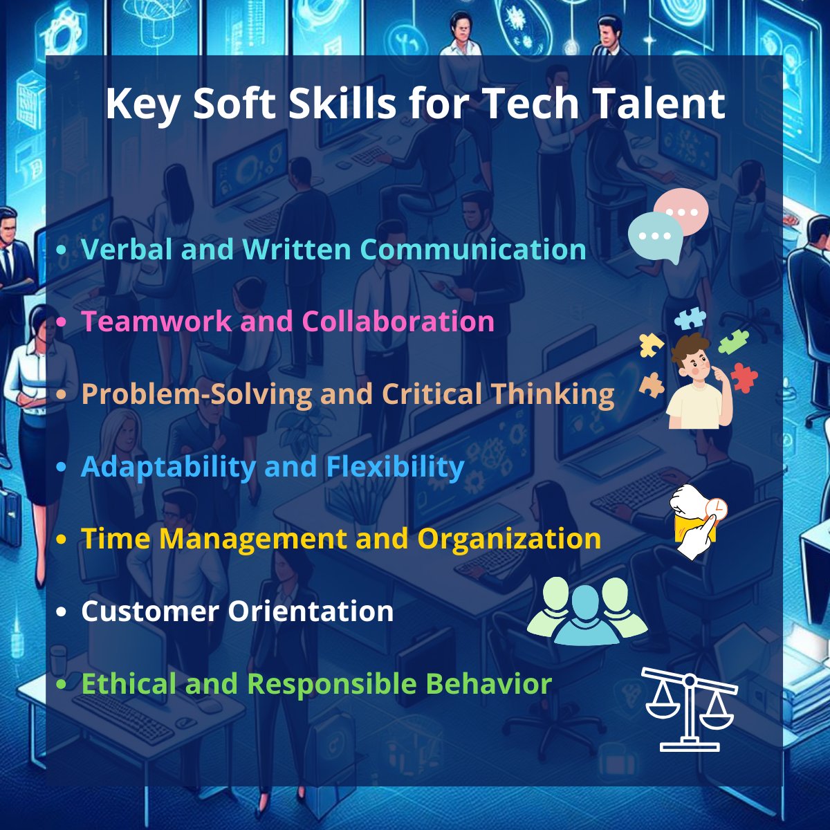 The following crucial soft skills are especially beneficial for tech talent:
#TechSkillsMatter 💻✨
#SoftSkillsInTech 🤝💡
#TechTeamwork 👥🔧
#AdaptAndThrive 🌟🦎
#EmpathyInTech ❤️🤖
#onesolutionsweb 💻✨