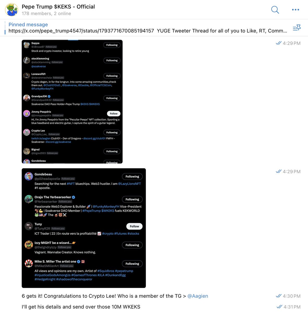 Congratulations to @Crypto_Lee_ on correctly RTing the right tweet & being in my telegram! He's won 10mil WKEKS! Want to win 10mil WKEKS? Keep your eyes peeled (maybe turn on PepeTrump notifications? *hint hint*) as we'll be doing this again VERY soon! It'll also be pinned 🫡