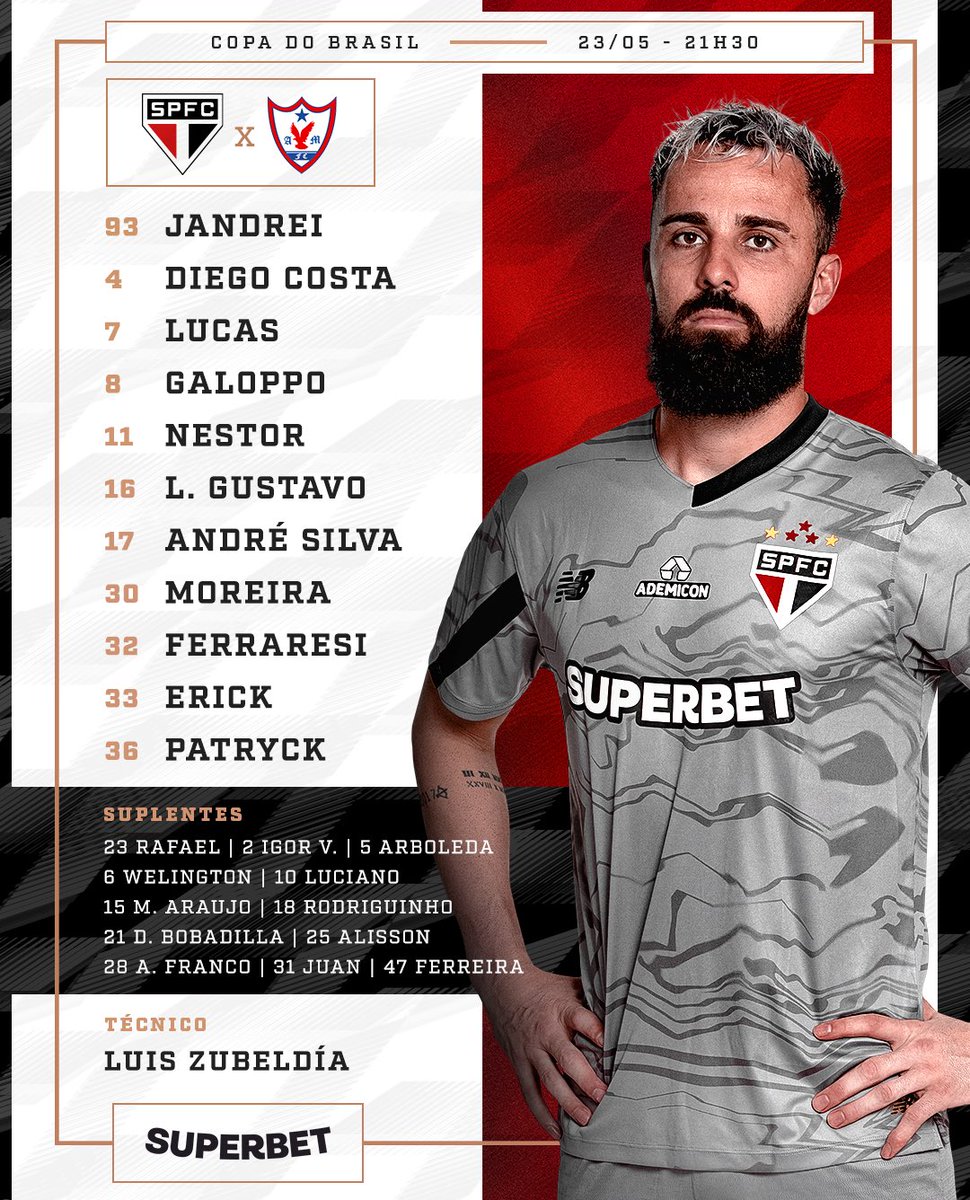 🇾🇪 O Tricolor está escalado! ⚽️ São Paulo x Águia de Marabá 🏟️ MorumBIS 📍São Paulo (SP) ⏰ 21h30 🏆Copa do Brasil (Terceira fase) 📺 Prime Video 🎙️ SPFC Play #VamosSãoPaulo 🇾🇪