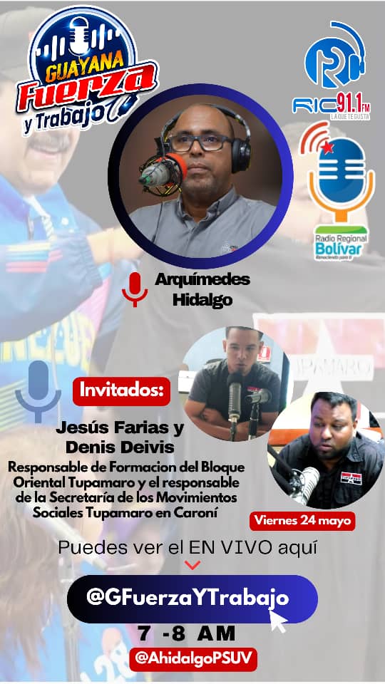 Vamos Tropa Tupa🔴⚫ a sintonizar mañana viernes 7am. Rio 91.1 FM. En el Programa Radial @GFuerzayTrabajo, Estarán nuestros camaradas @tupafarias Resp. De Formación del @OrienteMRT_ y @DenisDevisMRT Res. De Movimientos Sociales del Mpio. Caroní. @NicolasMaduro.