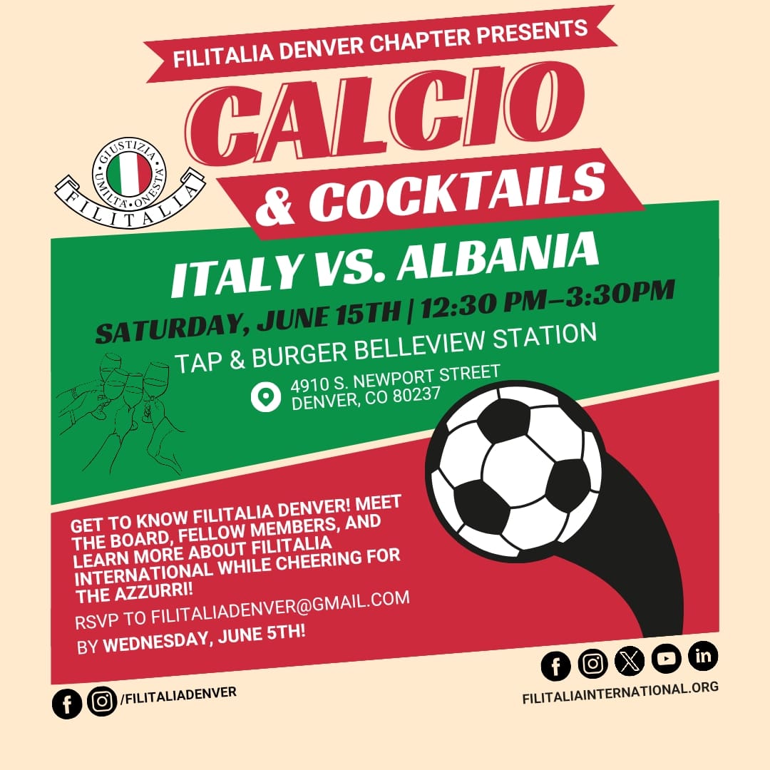denveritalians's tweet photo. Filitalia Denver is pleased to invite you to our first event! RSVP to FILITALIADENVER@GMAIL.COM by Wednesday, June 5th! Please include how many people will be attending. Seating is limited so RSVP today.  FORZA AZZURRI! https://t.co/v9JLskFtBg