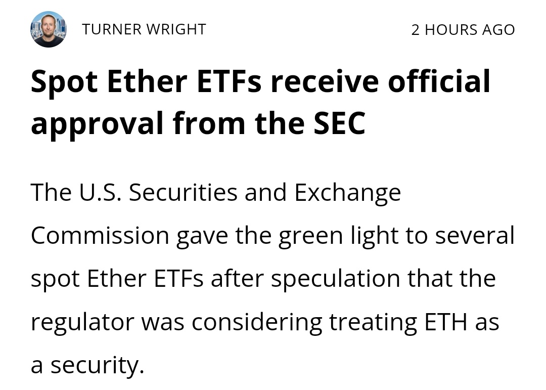 jazieph's tweet photo. Ethereum ETF is now approved!

This is one of the biggest milestones on the entire crypto history aside from #Bitcoin ETF.

This only shows that TradFi is starting to embrace the change and are able to adapt.

Expecting billions $ of inflows within $ETH in the coming months 👀 https://t.co/O6X1J4nzMc