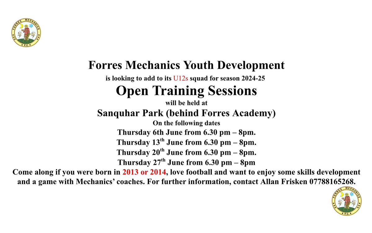 ForresYouth's tweet photo. We are looking for new players for both our u10s (born 2015/2016s) and our u12s (born 2013/2014s) Think your son /grandson is good enough? Then get them along ⚽️⚽️🟡🟤

@TheCansOfficial @ScottishHFL @ScotFANorth @ScottishYouthFA @Forres_Gazette @ElginSportsCT https://t.co/2kk1FkgKPc