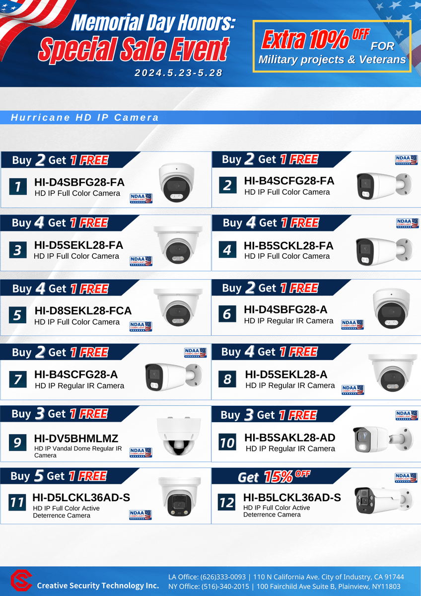 Cstsecurityusa's tweet image. 🇺🇸 Memorial Day Special Event: 5.23 - 5.28, enjoy exclusive discounts on a wide range of items.

🎁Contact our LA office at 626-333-0093 or / NY office at 516-340-2015 to learn more &amp;amp; order.

#sale #deals #FullColorCamera #securitycamera #HD #distribution #local #rainbow #massive