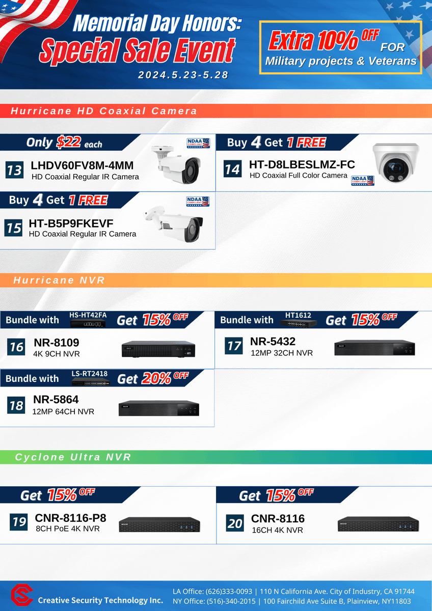 Cstsecurityusa's tweet image. 🇺🇸 Memorial Day Special Event: 5.23 - 5.28, enjoy exclusive discounts on a wide range of items.

🎁Contact our LA office at 626-333-0093 or / NY office at 516-340-2015 to learn more &amp;amp; order.

#sale #deals #FullColorCamera #securitycamera #HD #distribution #local #rainbow #massive