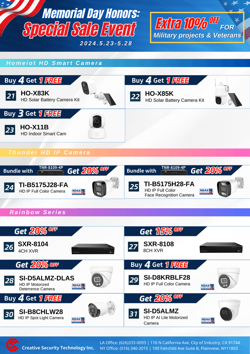 Cstsecurityusa's tweet image. 🇺🇸 Memorial Day Special Event: 5.23 - 5.28, enjoy exclusive discounts on a wide range of items.

🎁Contact our LA office at 626-333-0093 or / NY office at 516-340-2015 to learn more &amp;amp; order.

#sale #deals #FullColorCamera #securitycamera #HD #distribution #local #rainbow #massive